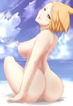  animal_ears ass back blonde_hair breasts cloud day dearmybrothers fox_ears from_behind full_body highres large_breasts looking_at_viewer looking_back nipples no_tail nude orange_eyes sitting sky solo touhou water wet yakumo_ran 