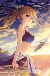  artist_request bangs bare_shoulders blonde_hair blue_eyes bra breasts cleavage clothes_around_waist cloud dagger gym_shorts jacket jacket_around_waist legs lingerie long_hair lowres medium_breasts navel odien ponytail shorts sitting sky solo sports_bra striped sunset sword_girls thighs track_jacket underwear weapon 