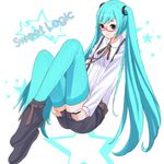  akiru aqua_hair bespectacled blue_eyes glasses hatsune_miku highres long_hair shoes shorts smile solo striped striped_legwear thighhighs twintails very_long_hair vocaloid 