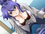  blue_eyes blue_hair bra breasts cleavage doki_doki_rooming gash jewelry lingerie miyama_yuu necklace underwear 