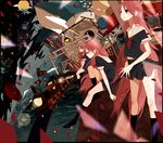  bad_id bad_pixiv_id bird blue_eyes clone ground_vehicle highres long_hair megurine_luka multiple_girls penguin petals pink_hair school_uniform serafuku skirt space sunaya train vocaloid 