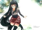  black_eyes black_hair black_legwear coach_(artist) engrish glasses long_hair open_mouth original plaid plaid_skirt ranguage skirt solo thighhighs very_long_hair zettai_ryouiki 