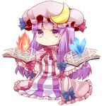  book capelet chibi crescent dress fire flame gem hair_ribbon hat long_hair magic_circle minato_usagi multicolored multicolored_clothes multicolored_dress patchouli_knowledge pink_dress purple_eyes purple_hair ribbon sitting solo striped striped_dress touhou 