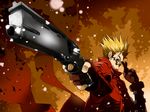  blonde_hair blue_eyes fingerless_gloves gloves gun male_focus sakichi solo sunglasses trigun vash_the_stampede weapon 