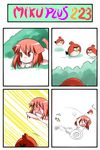  &gt;_&lt; 1girl 4koma all_fours angry_birds animal_ears bird blue_bird_(angry_birds) cat_ears cat_tail catstudioinc_(punepuni) chibi chuck_(angry_birds) closed_eyes comic dress hands_on_own_head headshot hiding highres imminent_pounce o_o open_mouth original pouncing puni_(miku_plus) red_(angry_birds) red_eyes red_hair running surprised tail thai white_dress 