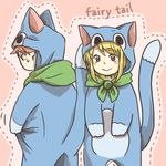  1girl :&gt; animal_costume cat_costume copyright_name cosplay dotted_line erinan fairy_tail happy_(fairy_tail) happy_(fairy_tail)_(cosplay) kigurumi lucy_heartfilia natsu_dragneel scarf 