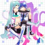  1girl :3 ahoge aqua_eyes aqua_hair bad_id bad_pixiv_id blue_eyes blue_hair boots cat_tail cosplay detached_sleeves hatsune_miku headphones irono_(irtyu) kaito kaito_(cosplay) kemonomimi_mode long_hair midriff navel neko_cyber_(module) project_diva_(series) project_diva_2nd smile tail thighhighs twintails vocaloid 