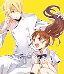  1girl apron bad_id bad_pixiv_id blonde_hair blush brown_eyes brown_hair cigarette fang hair_over_one_eye long_hair mrk510 ponytail satou_jun smoke smoking taneshima_popura uniform working!! yellow_eyes 