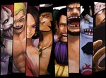  6+boys amazon bartholomew_kuma black_hair blonde_hair blue_skin boa_hancock cigar column_lineup commentary_request donquixote_doflamingo dracule_mihawk earrings facial_hair fishman gecko_moria highres jewelry jimbei male_focus marshall_d_teach missing_teeth monster_boy multiple_boys one_piece pendant purple_eyes red_hair scar sharp_teeth shichibukai short_hair sir_crocodile stitches sunglasses tattoo teeth white_skin yellow_eyes yoshida_takanori 