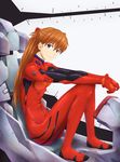  bangs blue_eyes bodysuit bracer breasts chikuyama cockpit from_side gloves hair_between_eyes headgear highres knees_up light_smile long_hair looking_at_viewer looking_back neon_genesis_evangelion orange_hair outstretched_arms pilot_suit plugsuit sitting skinny small_breasts smile solo souryuu_asuka_langley turtleneck two_side_up 
