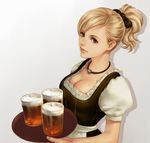  alcohol beer blonde_hair breasts brown_eyes cleavage dirndl eriya-j german_clothes jewelry large_breasts lips md5_mismatch necklace original ponytail short_hair smile solo tray waitress 