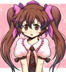  bad_id bad_pixiv_id blouse brown_eyes brown_hair hair_ribbon hat himekaidou_hatate long_hair necktie open_mouth qontamblue ribbon solo tokin_hat touhou twintails upper_body 