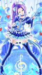  beamed_eighth_notes blue_background blue_choker blue_footwear blue_skirt boots choker cure_beat eighth_note guitar instrument kurokawa_eren love_guitar_rod magical_girl musical_note noba precure purple_hair quarter_note seiren_(suite_precure) skirt solo suite_precure thigh_boots thighhighs treble_clef yellow_eyes 