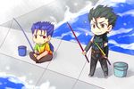  black_hair blue_hair brown_eyes chibi earrings fate/hollow_ataraxia fate/stay_night fate/zero fate_(series) fishing fishing_rod holding holding_fishing_rod jewelry lancer lancer_(fate/zero) male_focus multiple_boys ponytail red_eyes yzb-030 