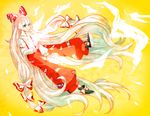  bad_id bad_pixiv_id bow fire fujiwara_no_mokou hair_bow hair_ribbon long_hair pants red_eyes ribbon simple_background smile solo touhou very_long_hair white_hair yuura 