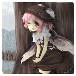  animal_ears bad_id bad_pixiv_id black_legwear blush brown_dress dress earrings forest hat highres jewelry mystia_lorelei nature one_eye_closed open_mouth pink_hair rain short_hair solo thighhighs touhou tree urimono wet wet_clothes wet_dress wet_hair wings wringing_clothes yellow_eyes zettai_ryouiki 