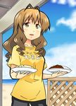  antenna_hair beach cloud curry day drill_hair food fried_rice highres ocean outdoors shiguko shinryaku!_ikamusume shirt sky solo sweat t-shirt tokita_ayumi waitress 