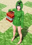  bare_legs barefoot black_hair blue_eyes creeparka creeper face feet highres hood hooded_jacket jacket light_smile lips looking_at_viewer magenta_color minecraft personification pixels shadow short_hair solo standing tnt 