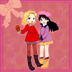  bad_id bad_pixiv_id bare_legs bebe_stevens beret black_hair blonde_hair blue_eyes boots coat hat heart holding_hands long_hair mittens multiple_girls pantyhose purple_eyes rubber_boots shiozake skirt south_park wendy_testaburger 