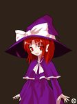 alphes_(style) capelet earrings hat hat_ribbon jewelry kaoru_(gensou_yuugen-an) kirisame_marisa kirisame_marisa_(pc-98) open_mouth parody pointy_ears red_eyes red_hair ribbon short_hair simple_background solo style_parody touhou touhou_(pc-98) witch_hat 