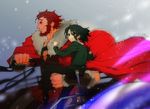  androgynous armor beard black_eyes black_hair carrying chariot facial_hair fate/zero fate_(series) male_focus mooche multiple_boys necktie red_eyes red_hair rider_(fate/zero) short_hair waver_velvet 