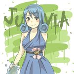  bare_shoulders blue_hair blush character_name curly_hair dress erinan fairy_tail green_background juvia_lockser smile solo water 