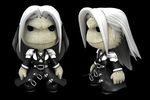  1boy black_jacket button_eyes doll final_fantasy final_fantasy_vii jacket little_big_planet long_coat long_hair lowres male male_focus multiple_views sephiroth silver_hair solo 