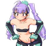  :&lt; blush busou_shinki dd_(ijigendd) elbow_gloves flat_chest gloves hips leaning_forward long_hair purple_hair raised_eyebrows red_eyes simple_background solo strapless thigh_gap tubetop twintails wide_hips yda 