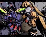  digimon digimon_adventure gauntlets green_eyes helmet horns letterboxed metalgarurumon monster no_humans open_mouth orange_hair red_eyes robot satsuki_mei_(sakuramochi) sharp_teeth spikes teeth wargreymon wings zoom_layer 