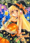  2011 bare_shoulders blonde_hair chii chobits dark-persian halloween happy_halloween hat long_hair solo traditional_media wand witch_hat yellow_eyes 