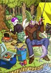  :d bad_id bad_pixiv_id bottle bucket camping can canada_dry casual cell_(dragon_ball) chair cooler denim dragon_ball dragon_ball_z fire fish fishing fishing_rod frieza gloves happy highres holding holding_fishing_rod jacket jeans multiple_boys nature no_wings open_mouth out_of_character outdoors pale_skin pants radio red_eyes river rock scarf shinomiya_akino shoes sitting smile squatting sweater table tail teeth tent tree water wood 