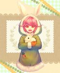  animal_ears animal_hood bunny bunny_ears bunny_hood coat copyright_request highres hood mittens pink_eyes pink_hair solo yugume 