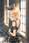  aqua_eyes bdsm black_dress blonde_hair bondage bound chain cuffs dress gothic_lolita gotou_hisashi hair_ornament hair_ribbon hairclip handcuffs highres kagamine_rin lolita_fashion looking_back ribbon short_hair slave solo vocaloid 