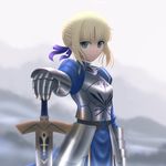  ahoge armor artoria_pendragon_(all) bad_id bad_pixiv_id blonde_hair excalibur fate/stay_night fate_(series) gauntlets gloves green_eyes hand_on_hilt highres mountain saber short_hair siraha solo sword weapon wind 