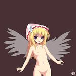  alphes_(style) blonde_hair censored flat_chest hat kaoru_(gensou_yuugen-an) lily_white navel nipples nude parody purple_eyes simple_background solo style_parody sweatdrop touhou wings 