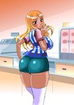  1girl artist_request ass blonde_hair blush breasts brown_hair character_request curvy dark_skin ganguro huge_ass huge_breasts kawamoto_hiroshi large_breasts lips long_hair red_eyes solo source_request thick_thighs thighs 
