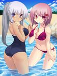  ass bad_id bad_pixiv_id bare_shoulders beach bikini blush breast_suppress breasts cloud collarbone curvy dark_skin day food hair_ornament hairclip hand_on_own_chest hands highres large_breasts long_hair looking_at_viewer multiple_girls navel one-piece_swimsuit original outdoors pink_hair ponytail popsicle purple_eyes red_bikini red_eyes short_hair side-tie_bikini silver_hair sky smile swimsuit tsukumiya_amane wading water 