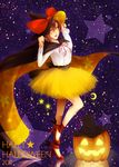  2011 bad_id bad_pixiv_id bow brown_hair cape halloween happy_halloween hat high_heels highres jack-o'-lantern meiko neziiro pumpkin shoes short_hair smile solo star vocaloid witch_hat yellow_eyes 