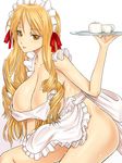  apron blonde_hair blush breasts cleavage collarbone cup hanging_breasts large_breasts long_hair looking_at_viewer maid_headdress morozou naked_apron original simple_background solo teacup tray yellow_eyes 