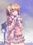  ^_^ aki_shizuha alternate_costume blonde_hair can closed_eyes hair_ornament huanxiang_huifeng leaf leaf_hair_ornament leaf_on_head light_smile mittens scarf short_hair skirt smile snow snowflakes snowing solo touhou traffic_light winter winter_clothes 