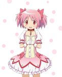  absurdres artist_request bow gloves hair_ribbon highres kaname_madoka mahou_shoujo_madoka_magica non-web_source official_art pink_eyes pink_hair pink_ribbon polka_dot polka_dot_background ribbon short_twintails smile solo twintails white_gloves 