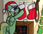  2018 5:4 alcohol beverage blue_eyes christmas christmas_tree clothed clothing digital_media_(artwork) english_text equine fan_character feral fur green_fur hair hat holidays male mammal my_little_pony noose open_mouth pegasus pokefound rope santa_hat smile solo speech_bubble standing text tree vodka wings 