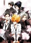  black_gloves black_hair brown_hair flower gloves gokudera_hayato grey_hair heterochromia hibari_kyouya katekyo_hitman_reborn! multiple_boys necktie norita_maaya rokudou_mukuro rose sawada_tsunayoshi sitting white_flower white_rose yamamoto_takeshi yellow_eyes 