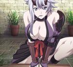  breasts cleavage highres large_breasts long_hair looking_at_viewer queen&#039;s_blade queen's_blade screencap shizuka_(queen&#039;s_blade) shizuka_(queen's_blade) silver_hair sitting solo squatting stitched white_hair 