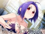  ahoge between_breasts blue_hair blush bra breast_grab breasts cleavage coin frown grabbing idolmaster idolmaster_(classic) idolmaster_2 large_breasts lingerie miura_azusa money money_bath money_hold purple_hair red_eyes short_hair solo tkhs underwear yen 