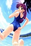  absurdres adjusting_clothes adjusting_swimsuit amazuyu_tatsuki ass barefoot braid cloud copyright_request day dutch_angle fisheye from_behind hand_to_own_mouth highres kneeling long_hair looking_back one-piece_swimsuit outdoors palm_tree purple_hair red_eyes scan sky solo sun swimsuit tree twin_braids water 