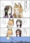  4koma akiyama_mio animal_ears blush comic fang fukutarou_(enji127) gao k-on! kotobuki_tsumugi moon multiple_girls tail tainaka_ritsu translated trembling wolf_ears wolf_tail yuri yurijoshi 