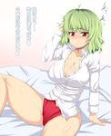  ahoge blush breasts cleavage dress_shirt green_hair huge_breasts kazami_yuuka messy_hair no_pants panties red_eyes red_panties shirt sitting smile solo sugamo thighs touhou translated underwear 