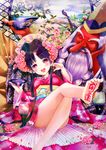  bare_legs barefoot bird black_hair blush body_writing convenient_leg cup highres japanese_clothes kimono open_mouth original petals pink_eyes sakazuki solo tengu yuuki_rika 