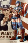  abs armor bandolier blonde_hair boots breasts brown_eyes captain_america clothes_writing cocked_hammer crop_top fang futanari genderswap genderswap_(mtf) grin gun halter_top halterneck handgun highres i_want_you large_breasts long_hair m1911 marvel mask mikoyan muscle muscular_female oldschool pauldrons pistol shield short_shorts shorts smile steve_rogers superhero suspenders thighhighs torn_clothes torn_legwear trigger_discipline uncle_sam underboob weapon 